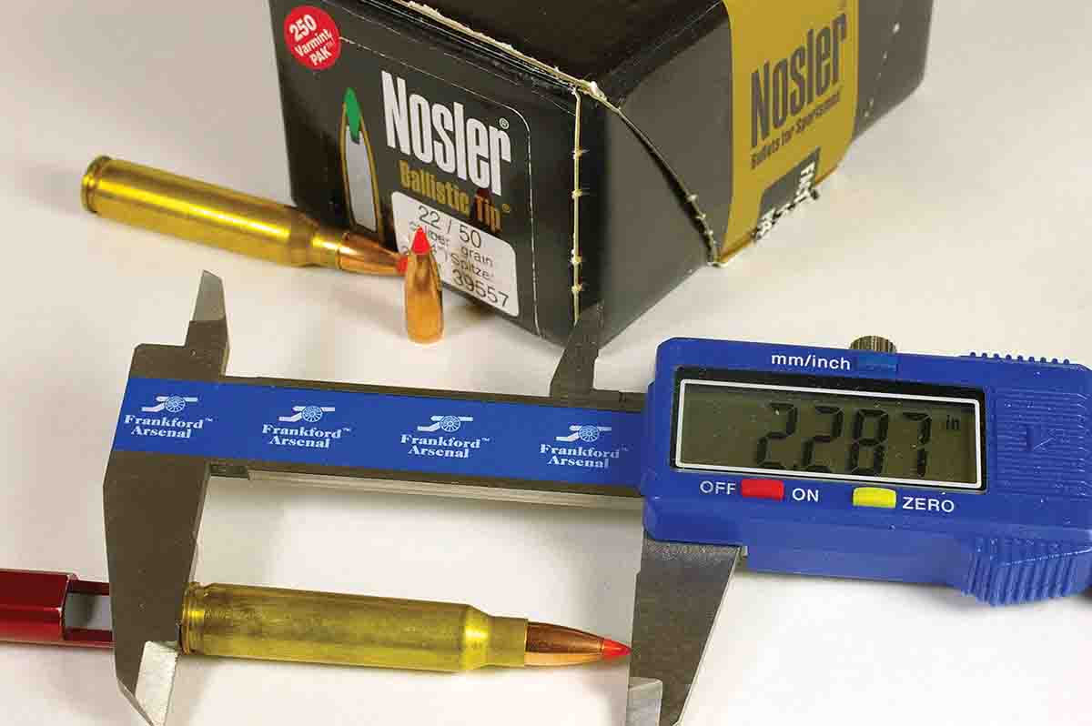 A Hornady Lock-N-Load O.A.L. Gauge helps determine at what cartridge length a bullet meets the rifling of a particular rifle. The gauge is set up for the .223 Remington.